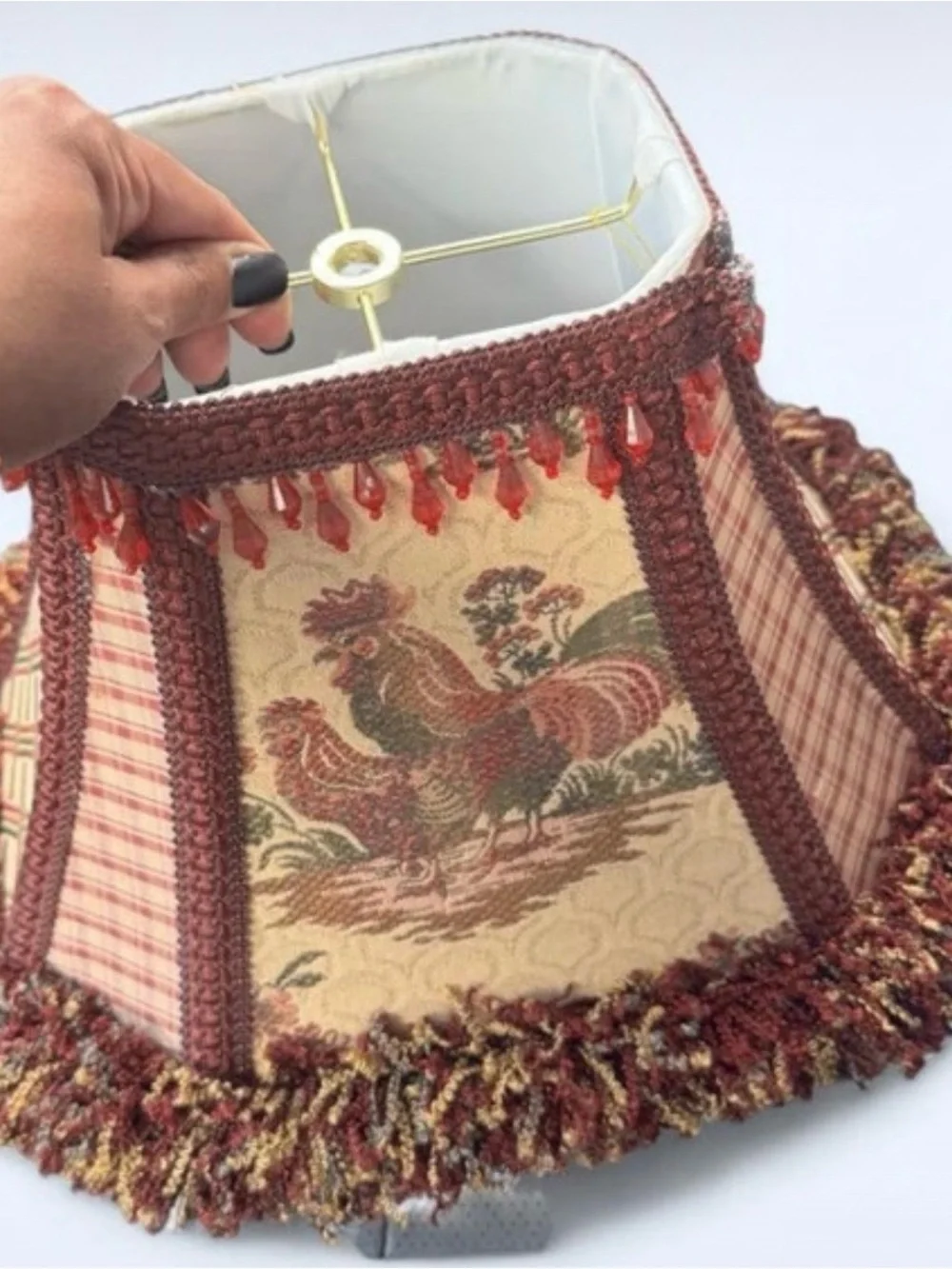 French Country Rooster Hen Cottagecore Toile Fabric Lamp Shade Frayed Fringe